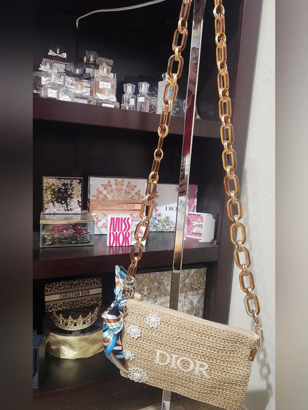 Dior Straw Crossbody Bag in Brown with Floral Embellishments